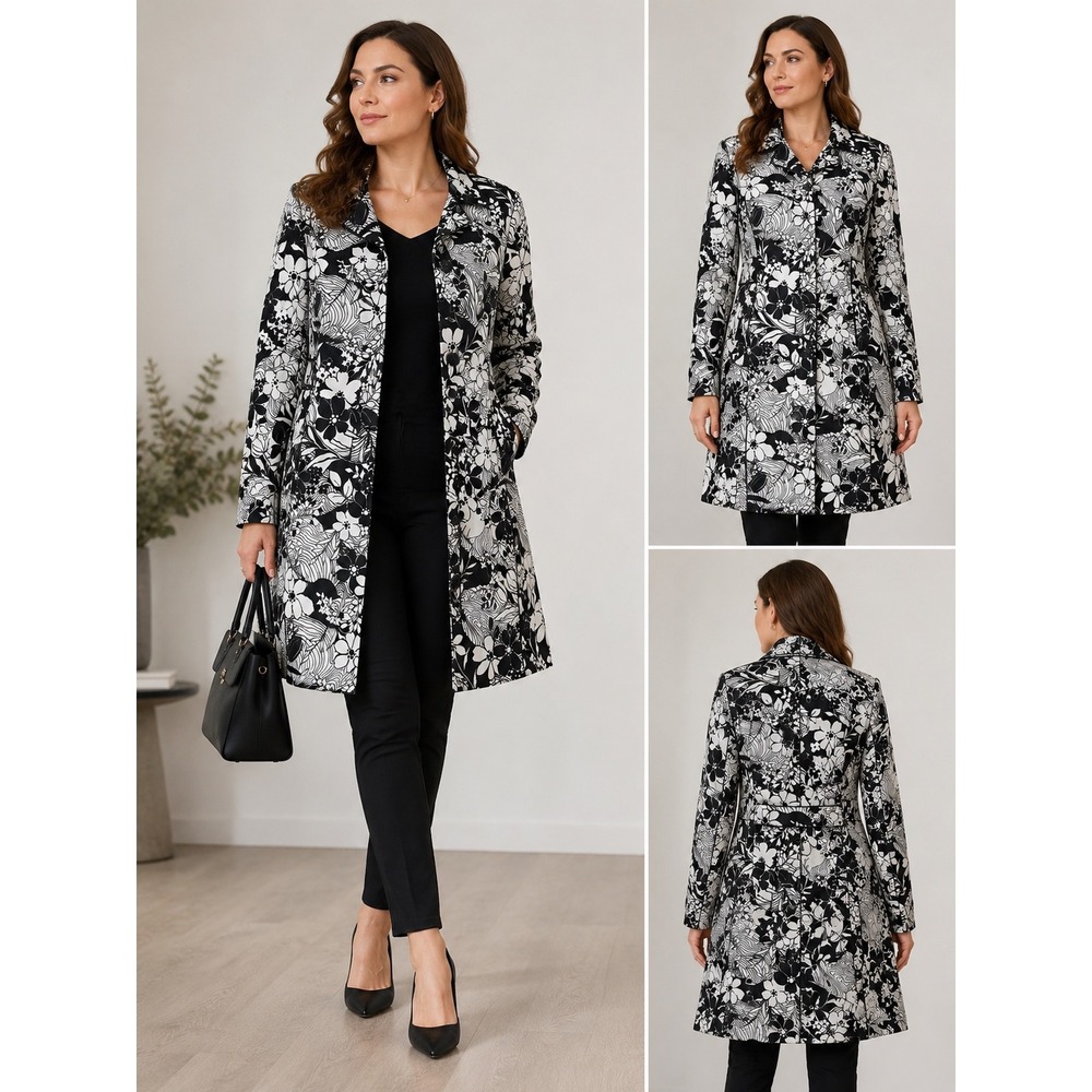 Oscar de la Renta Floral Trench Coat Womens Size 8 Black White Excellent Jacket